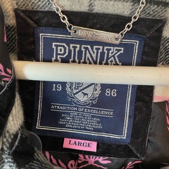 Victoria’s Secret PINK Limited Edition Plaid Pink Grey Fur Winter Coat Size L - Picture 13 of 16